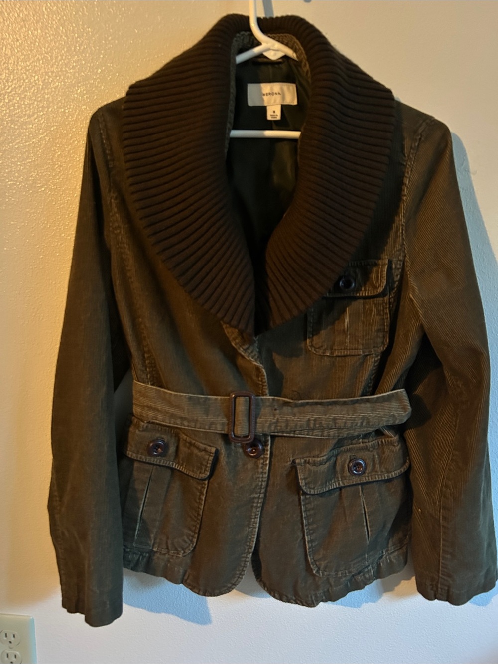 Merona M Women Utility Olive Green Corduroy Utility Jacket Ribbed Shawl Collar